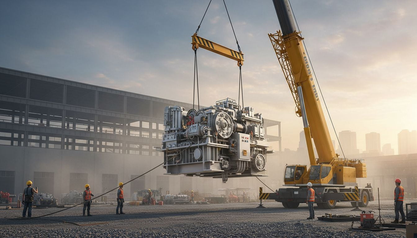 A crane carefully lifting a piece of machinery