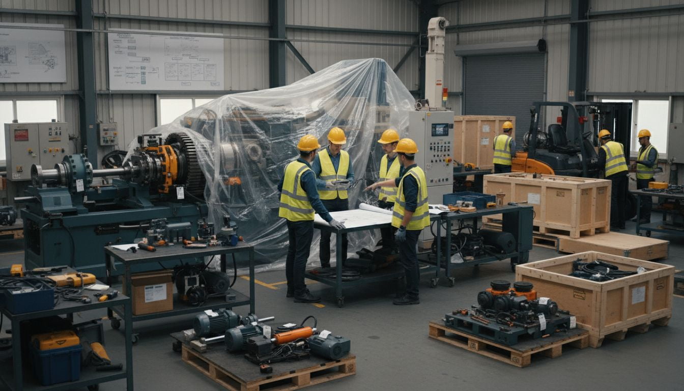 Engineers planning the disassembly of machinery for shipping