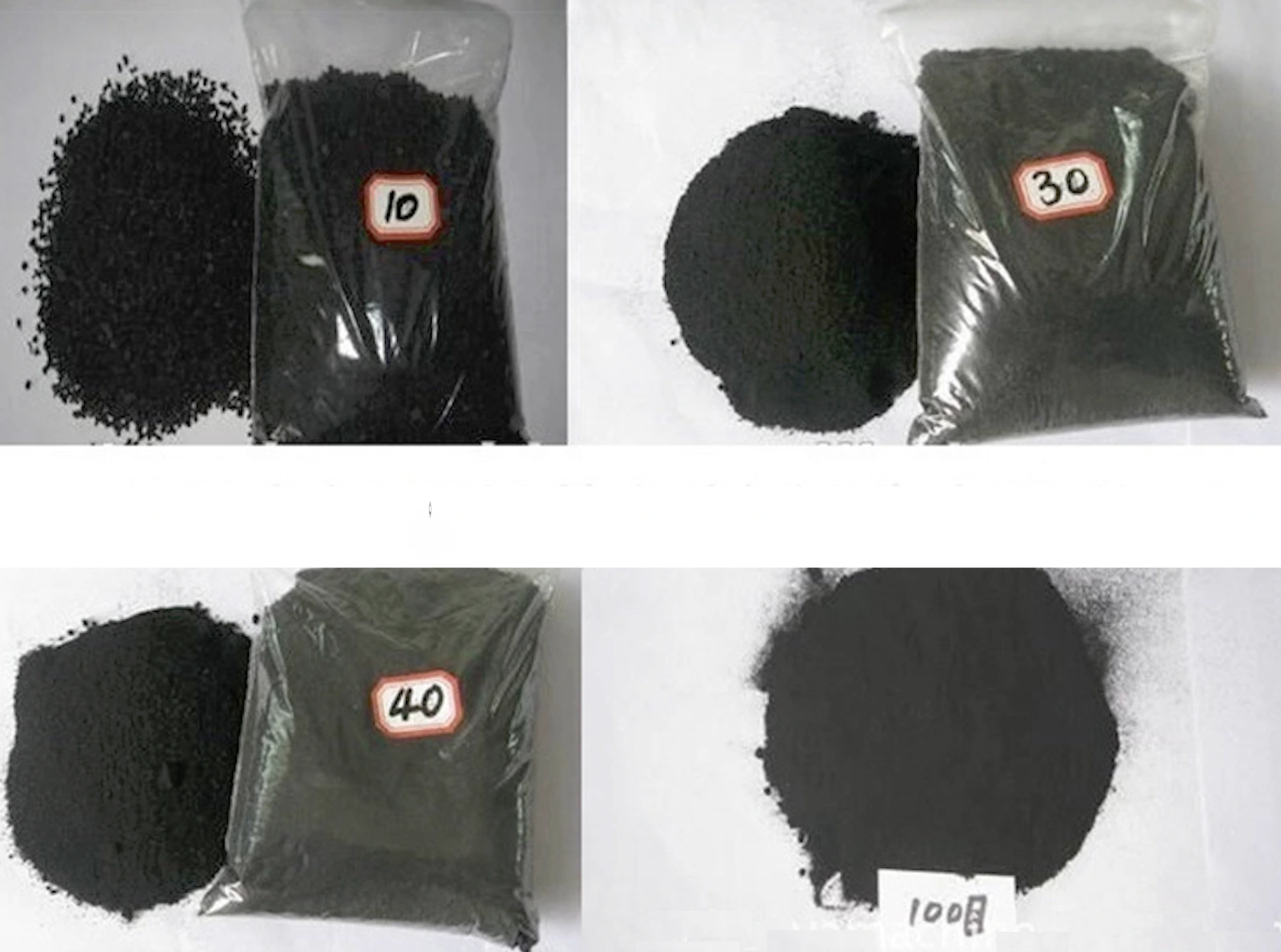 Rubber powder output from tire recycling line