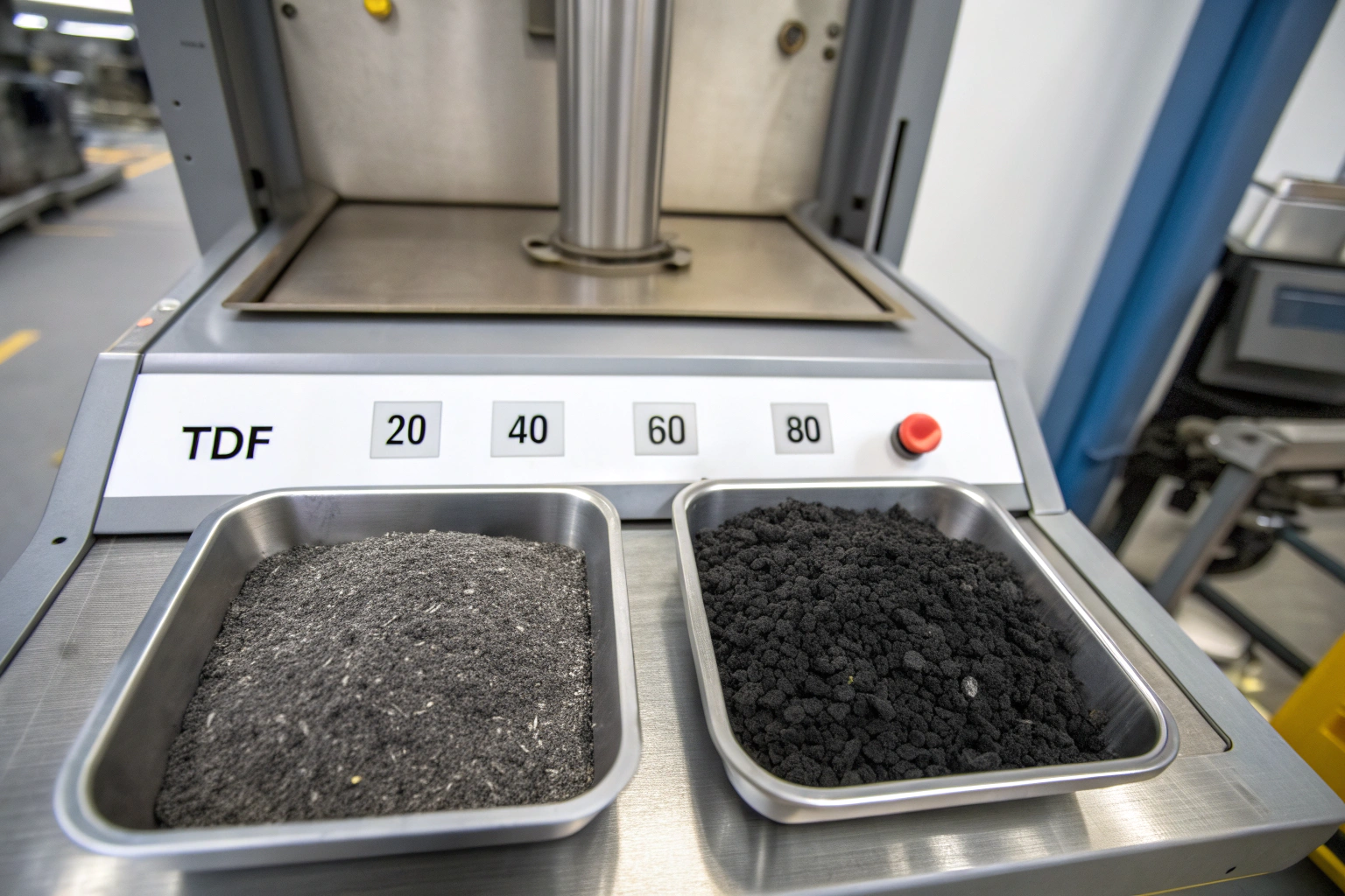 A close-up view showing the difference between 20 mesh and 80 mesh rubber powder