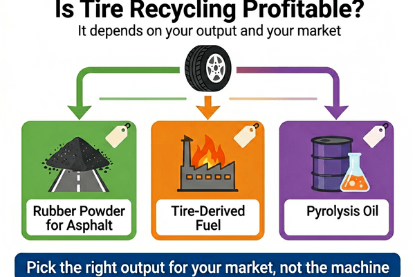 Rubber powder output applications for tire recycling business