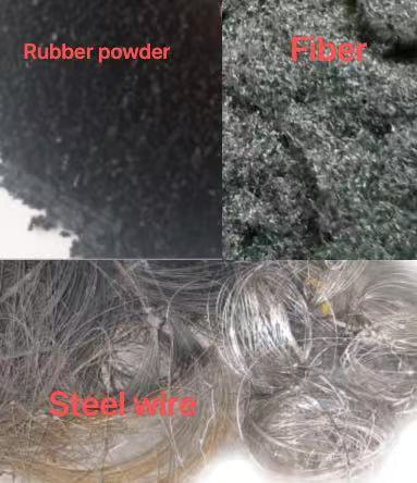 Three outputs from tire recycling steel wire rubber fiber